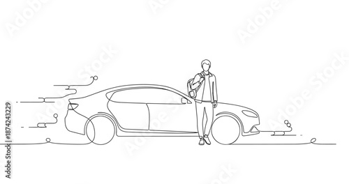 Young male standing next to modern car in continuous line art drawing, no editable stroke