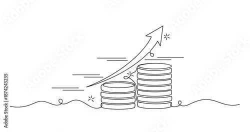 Line art of stacked coins with upward arrow symbolizing financial growth, no editable stroke