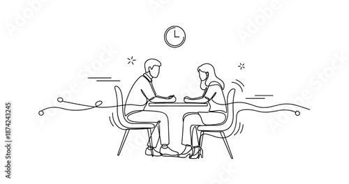 Line art illustration of a young man and woman having a conversation at a table, no editable stroke