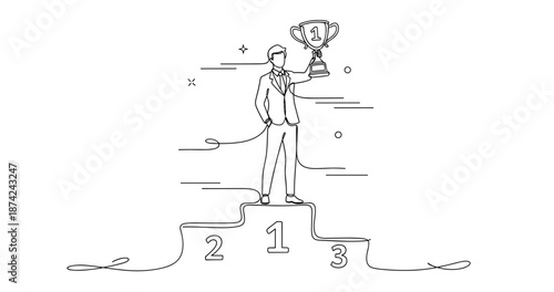 Young caucasian male celebrating victory on podium with trophy in hand, no editable stroke