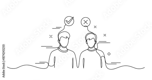 Continuous line drawing of two people with check and cross symbols above, no editable stroke