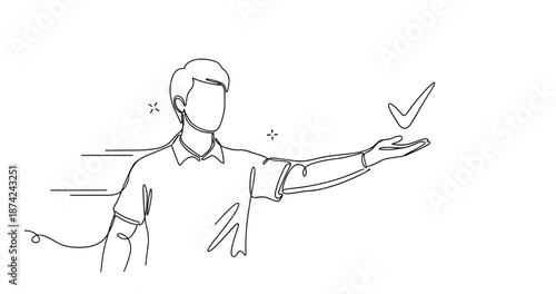 Line art of caucasian male adult presenting checklist symbol, no editable stroke