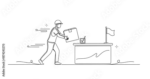 Courteous male delivery worker dropping off package at reception desk, no editable stroke