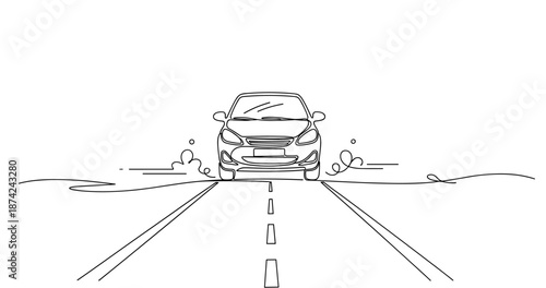 Minimalist line art of car on a long open road, no editable stroke