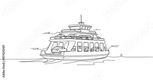 Line art of a ferry transporting cars across the water, no editable stroke