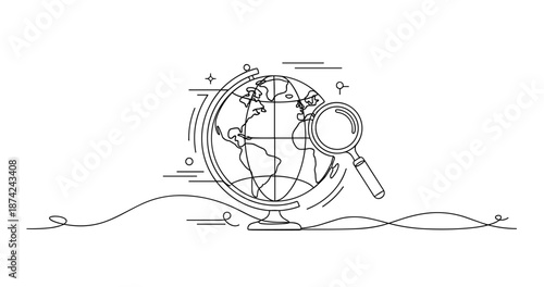 Line art of globe with magnifying glass illustrating exploration and discovery, no editable stroke