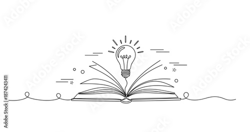 Creative ideas: open book with lightbulb symbolizing concepts and inspiration, no editable stroke