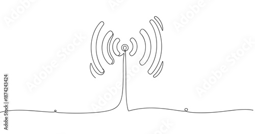 Minimalist continuous line drawing of radio tower emitting signal waves on white background, no editable stroke