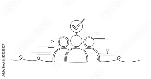 Minimalist line drawing of teamwork and success with checkmark symbol, no editable stroke