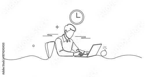 Young caucasian male working on laptop in minimalist line art office setting, no editable stroke