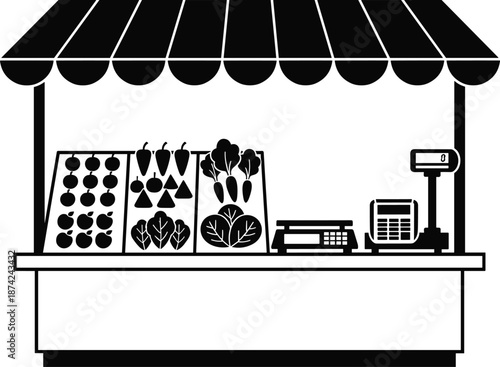 Black and white vector illustration of a farmers market stall with fresh vegetables, fruit crates, striped awning, digital scale, and cash register, marketplace, commerce