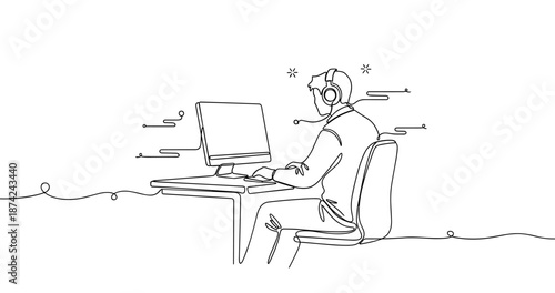 Continuous line art of male coder at desk with computer and headphones, no editable stroke