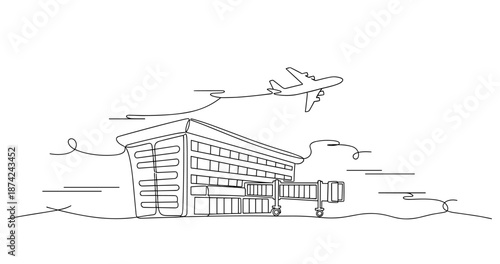 Minimalist line art of modern airport terminal with airplane in flight, no editable stroke