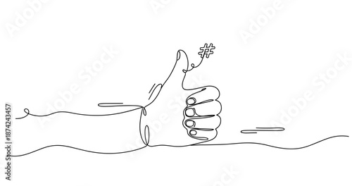 Continuous line art of thumb up gesture with hashtag symbol for positivity and social media, no editable stroke