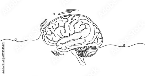 One-line drawing of human brain with creative neural patterns, no editable stroke
