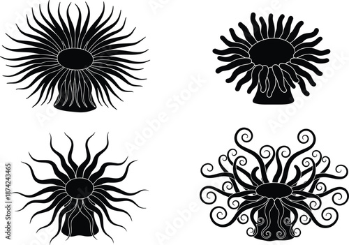 Black sea anemone silhouette icons set, marine animal life vector illustrations, underwater coral reef creatures, nautical nature design elements isolated on white background.