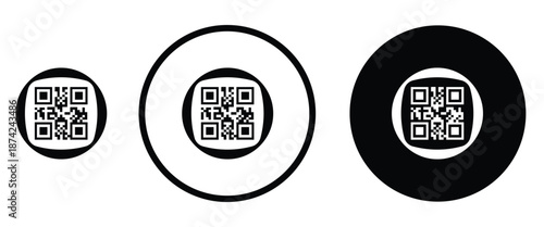 Three minimalist black and white QR code icons arranged horizontally on a transparent background. Left: standard square QR pattern. Center: QR inside thin white circle on black. Right: QR inside thick