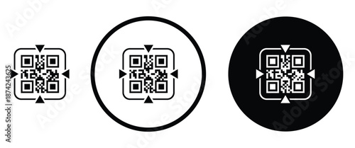 Three minimalist black and white QR code icons arranged horizontally on a transparent background. Left: standard square QR pattern. Center: QR inside thin white circle on black. Right: QR inside thick