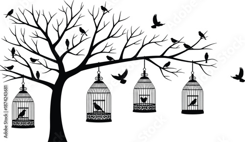 Black tree silhouette with birds and hanging cages vector illustration, nature wall decal design, freedom concept, garden landscape, isolated graphic.