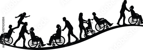 Black silhouette vector of people in wheelchairs assisted by friends on a wavy path, disability inclusion concept, accessibility, support, teamwork and community help