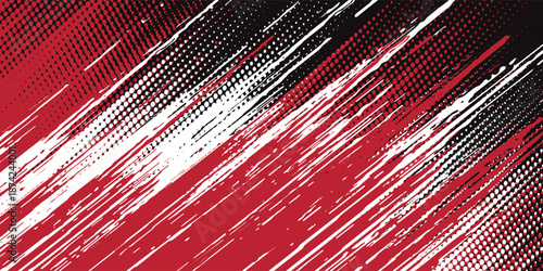 An expressive abstract background featuring bold red brush strokes with black and blue accent lines on a white surface.