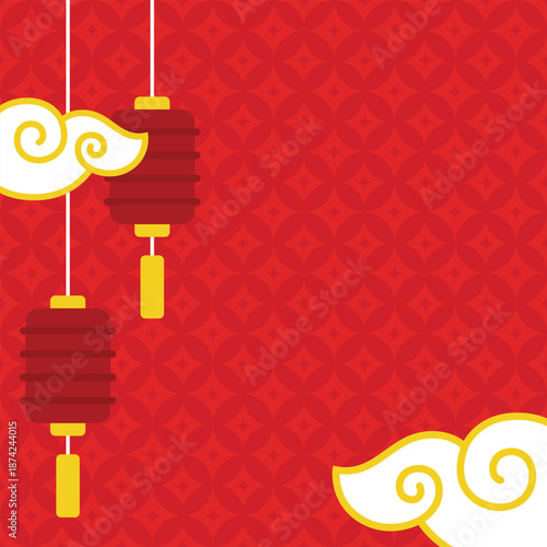 Festive Chinese themed template background set against a red backdrop featuring traditional lanterns and swirling clouds suitable for Lunar New Year celebrations and holiday designs.