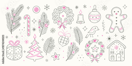 Hand drawn christmas doodles festive decorations sweets and winter foliage illustration