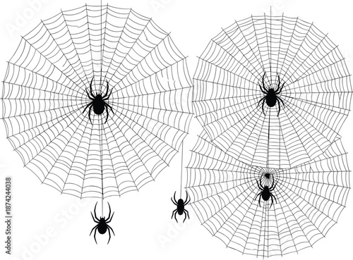 Black spider web vector illustration set, creepy spiders hanging on silk threads, spooky Halloween decorative elements, dark arachnid silhouettes for graphic design, horror,