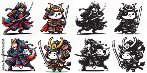 Set of vector and silhouettes of Japanese samurai animal characters on a white background.