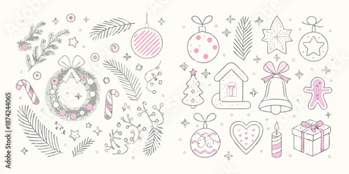 Festive christmas decorations including ornaments wreaths and sweet treats illustrations
