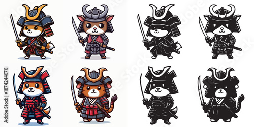 Set of vector and silhouettes of Japanese samurai animal characters on a white background.