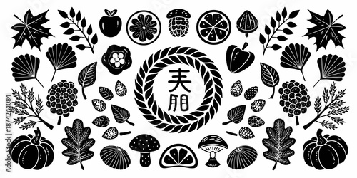 Botanical illustration featuring various leaves mushrooms fruits and floral elements