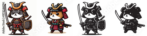 Set of vector and silhouettes of Japanese samurai animal characters on a white background.