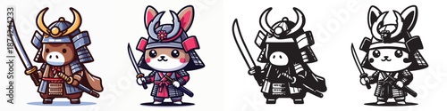 Set of vector and silhouettes of Japanese samurai animal characters on a white background.