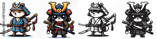 Set of vector and silhouettes of Japanese samurai animal characters on a white background.