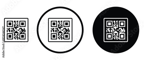 Three minimalist black and white QR code icons arranged horizontally on a transparent background. Left: standard square QR pattern. Center: QR inside thin white circle on black. Right: QR inside thick