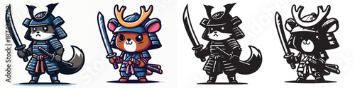 Set of vector and silhouettes of Japanese samurai animal characters on a white background.