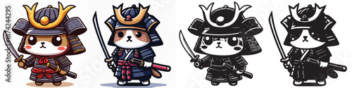 Set of vector and silhouettes of Japanese samurai animal characters on a white background.