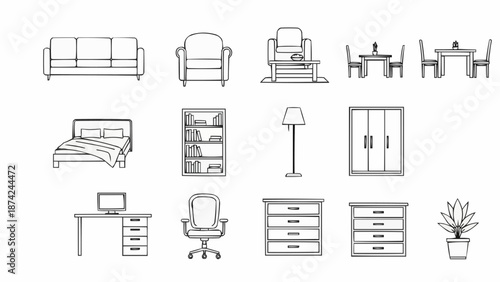 Collection of hand-drawn furniture icons for interior design.