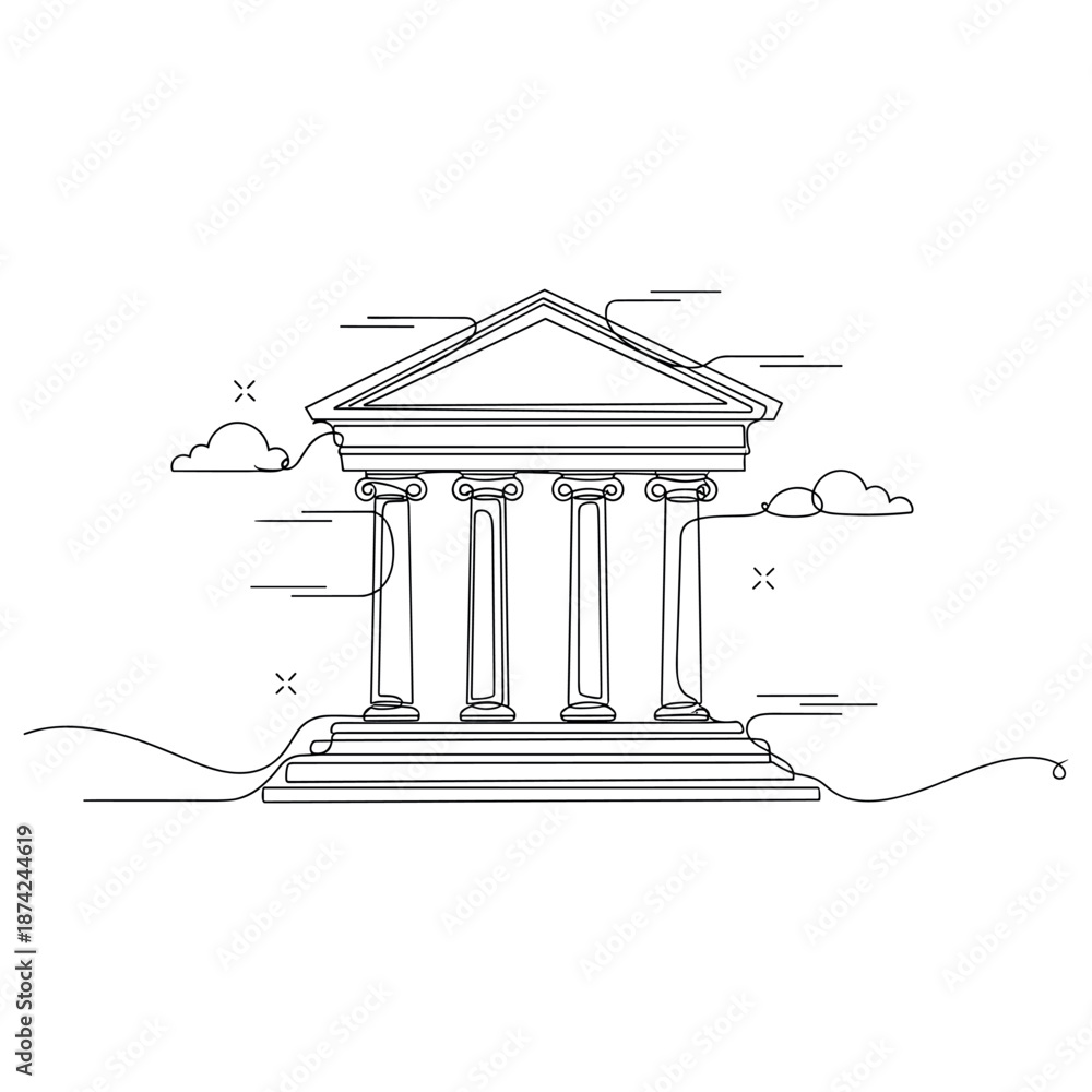 Obraz premium Line art of classical greek temple with columns and clouds. No editable strokes