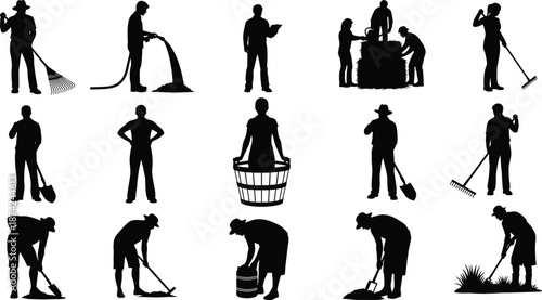 Collection of black silhouette farmers, gardeners, and workers performing agricultural tasks with hand tools, rakes, shovels, and watering equipment for rural landscape design illustrations.