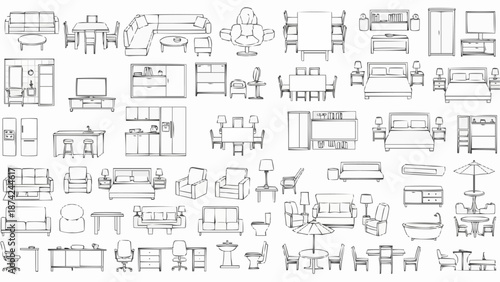 Collection of hand-drawn furniture sketches for interior design.