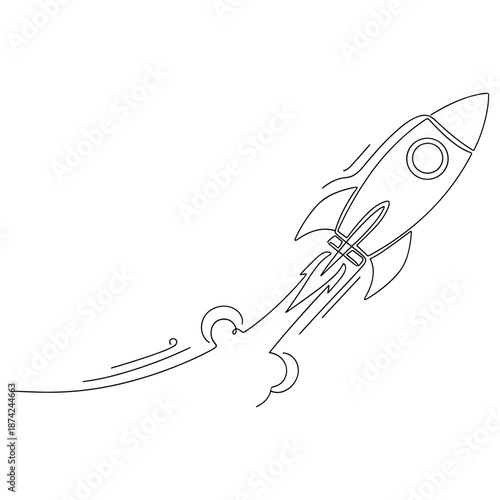 Line art of rocket launching into space with trail of flames. No editable strokes