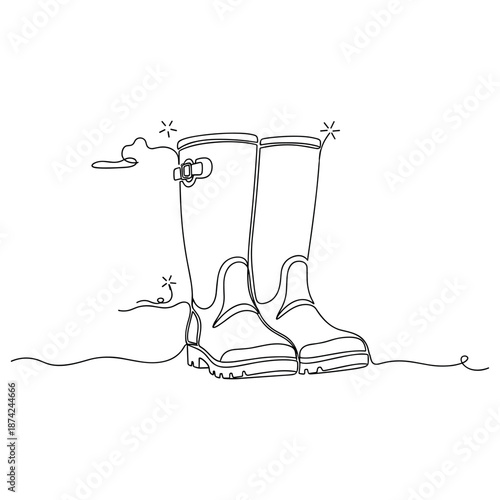 Monoline drawing of rugged tall boots on ground with decorative elements. No editable strokes