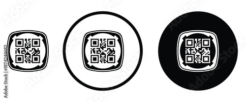Three minimalist black and white QR code icons arranged horizontally on a transparent background. Left: standard square QR pattern. Center: QR inside thin white circle on black. Right: QR inside thick