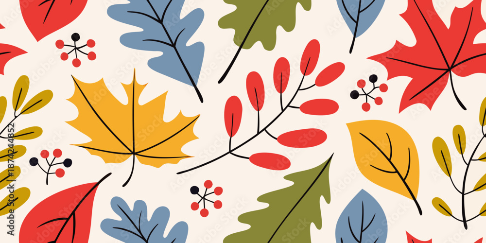 Fototapeta premium Colorful autumn leaves and berries pattern on a light cream background
