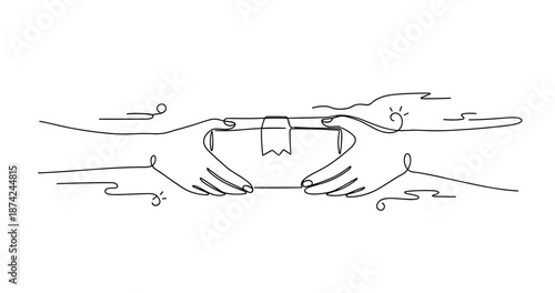 Minimalist line art of hands exchanging a gift with ribbon. No editable strokes