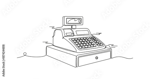 Line drawing of a vintage cash register with display and keypad. No editable strokes