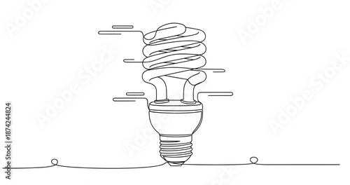 Continuous line drawing of a spiral cfl bulb with abstract elements. No editable strokes