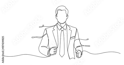 Minimalistic line art of a confident male figure in suit and tie. No editable strokes